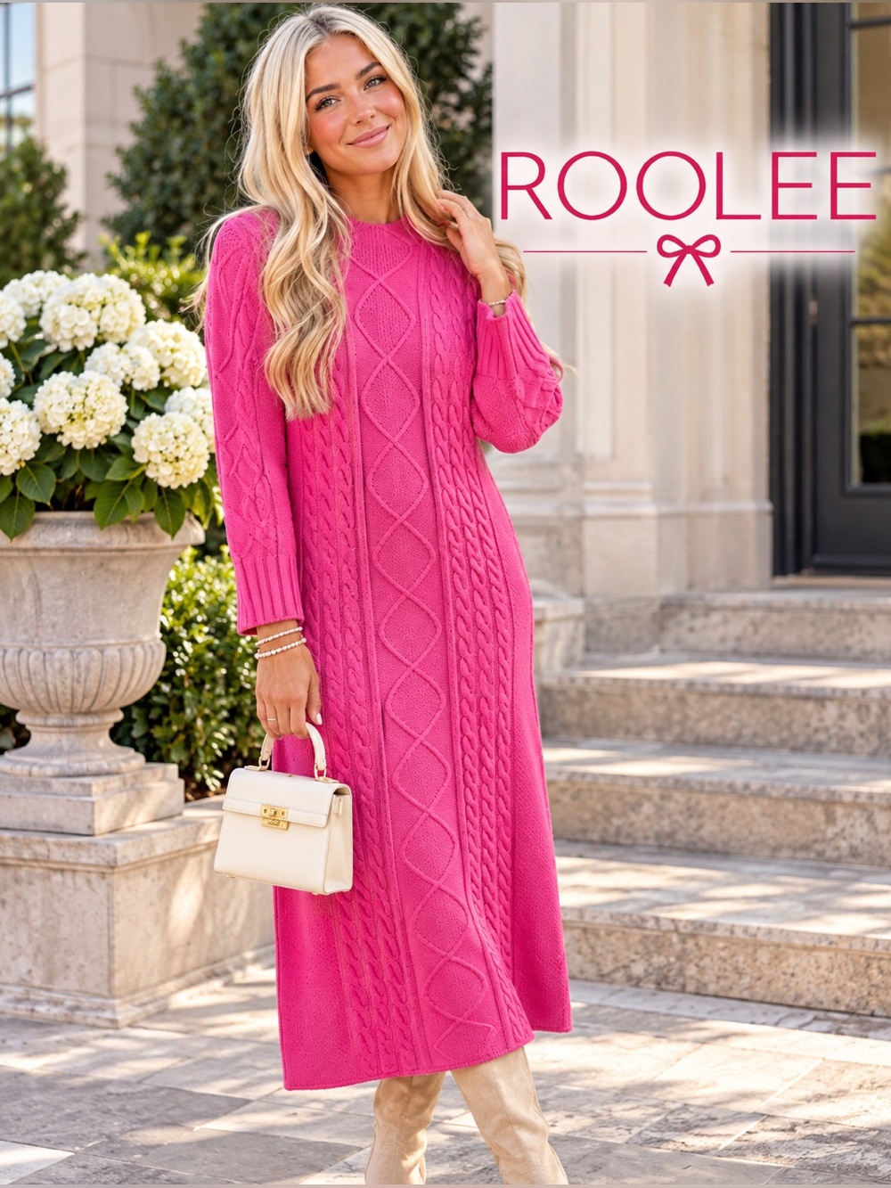 Roolee Hot Pink Cable Knit Sweater Dress